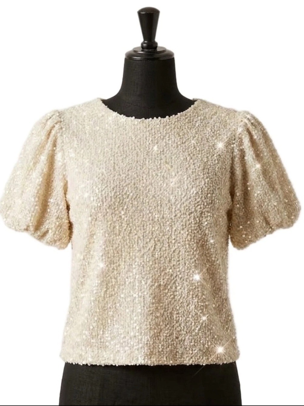 ENTRO Cream Sequin Puff Sleeve Top Black Bow Tie Back Shimmer Blouse Size Medium